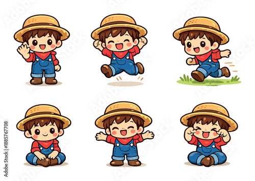 Cute cartoon boy character in various playful poses with straw hat and overalls