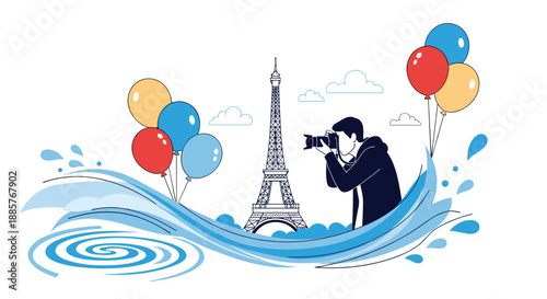 Photographer capturing a photo of the iconic Eiffel Tower in Paris surrounded by festive balloons and abstract water waves.
