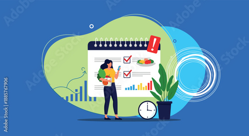 Woman planning her daily routine and tracking goals on a digital app, with a focus on diet, productivity, and progress.