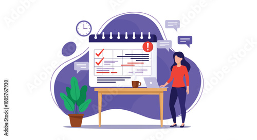 Businesswoman managing her schedule and project tasks using a large calendar planner with deadlines and completed items shown.