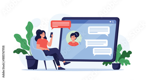 Woman sitting comfortably in a chair while video chatting with a friend on her smartphone, showing modern communication concept.