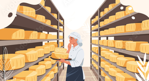 Female cheesemaker in an aging cellar inspecting the quality of a cheese wheel surrounded by shelves of maturing cheese blocks.