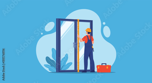 Professional handyman in uniform and hard hat using a tape measure to install or repair a glass door at a construction site.