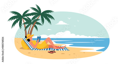 Woman relaxing on a tropical beach, reading a book under palm trees while enjoying her peaceful and serene summer vacation.