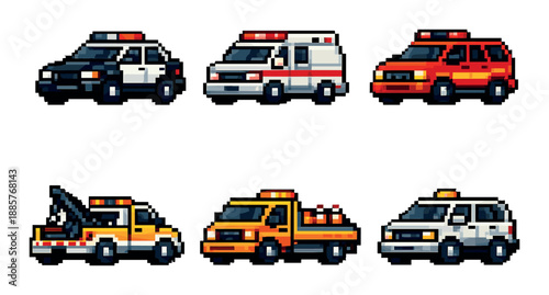 Pixel art emergency vehicles set: police, ambulance, fire truck, tow, utility cars