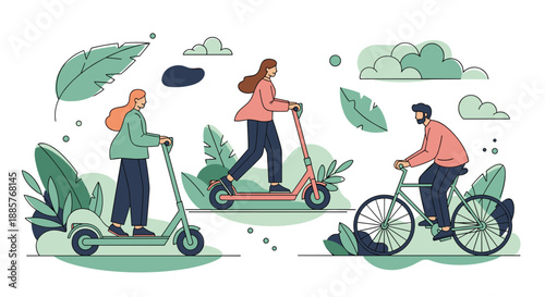 People using eco-friendly urban transportation, with women riding electric scooters and a man riding a bicycle in a green city.