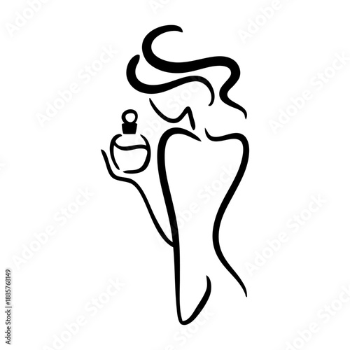 Dibujo sencillo con líneas de una mujer desnuda sujetando una botella de perfume en la mano 