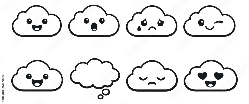 Obraz premium Cute line art cloud character emoji set featuring different emotions and expressions for weather forecasting or social media communication