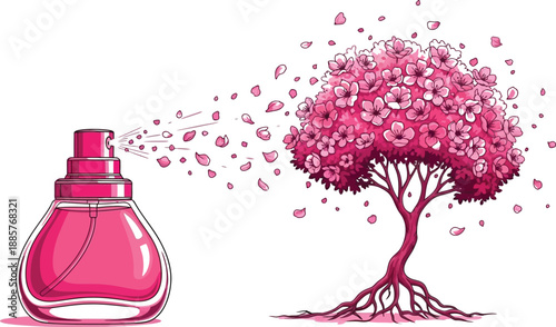 Perfume bottle spraying fragrant mist towards a beautiful pink cherry blossom tree with falling petals