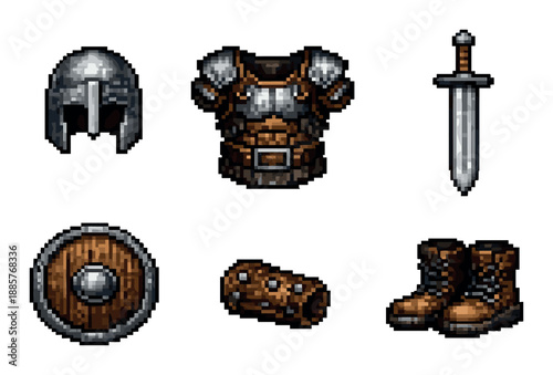 Pixel art medieval armor set with sword, helmet, shield, boots, and bracers