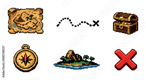 Pixel art icons: treasure map, chest, compass, island, and x