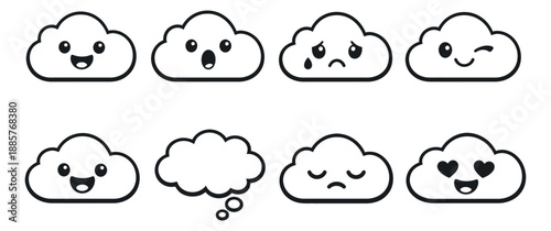 Cute line art cloud character emoji set featuring different emotions and expressions for weather forecasting or social media communication
