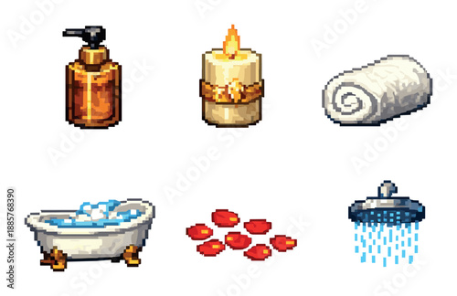 Pixel art bathroom icons: soap, candle, towel, bathtub, petals, shower