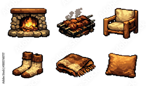 Cozy pixel art fireplace and rustic home decor with warm tones