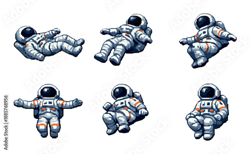 Pixel art astronauts floating in space - six variations in white space suits