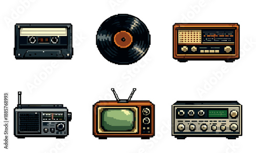 Retro audio visual devices: vintage vinyl, cassette, tv, radio