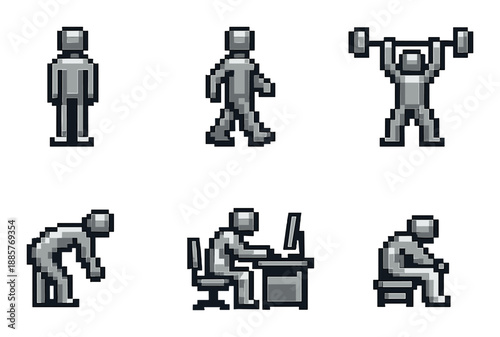 Pixel art stick figures performing various activities on gray background