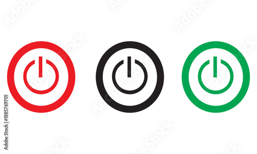 Power button icon set in red black and green, startup shutdown symbol, user interface control graphic