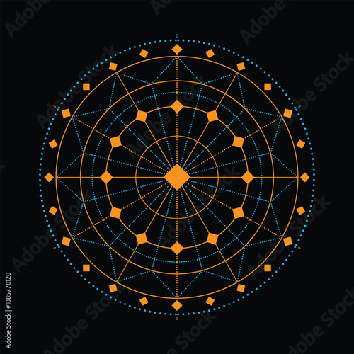 Circular sacred geometry vector mandala with orange diamonds and blue dotted lines pattern