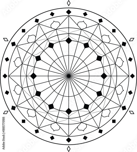 Minimalist black line art vector mandala illustration with diamond shapes and flower petals