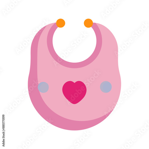 Stylized pink baby bib with heart motif and orange accents on a black background