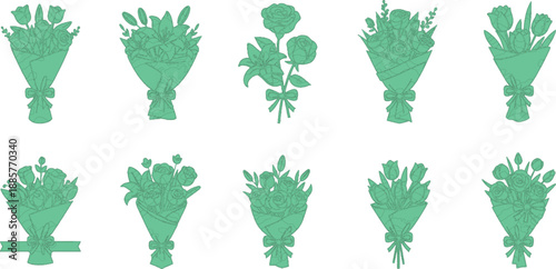 The image features a collection of ten unique flower bouquet silhouettes, all rendered in a textured green color. These bouquets are arranged in two rows, showcasing a variety of floral arrangements a