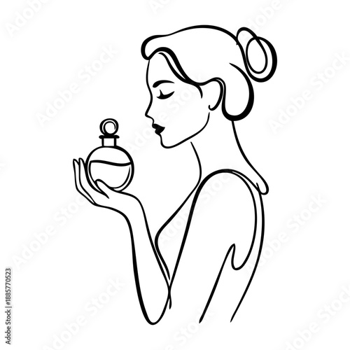 Dibujo sencillo con líneas de una mujer de perfil sujetando una botella de perfume en la mano 