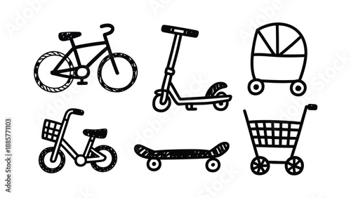 Urban Mobility Doodle Collection: Hand-drawn illustrations of urban transportation elements, perfect for conveying movement, lifestyle, and city life.