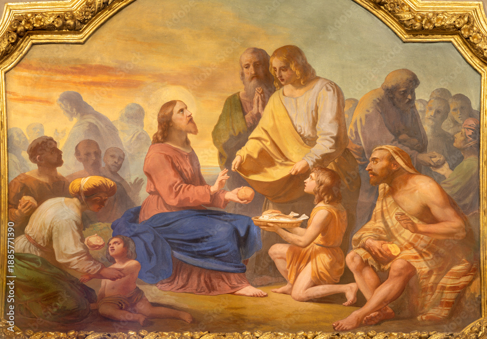 Obraz premium VIGEVANO, ITALY - JANUARY 18, 2026: The fresco of The Miracle of Multiplication in the Cathedral of St. Ambrose by Francesco Gonin (1858).