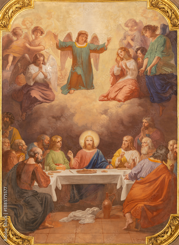 Fototapeta premium VIGEVANO, ITALY - JANUARY 18, 2026: The fresco of Last Supper in the Cathedral of St. Ambrose by Francesco Gonin (1858).