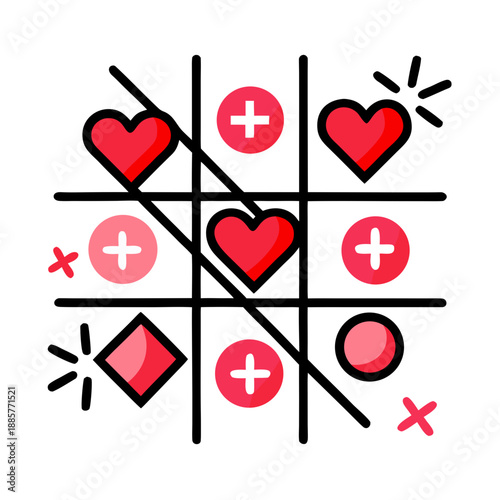 Tic Tac Toe or Naughts and Crosses game with hearts as concept for love in vector illustration , white background 