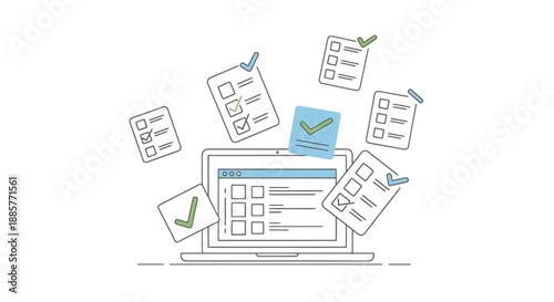 Digital survey collection process with electronic forms and completed checklist items on a computer screen and flying documents symbolizing accurate