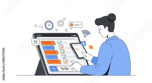 Person managing digital tasks and scheduling on a tablet interface for productivity and planning in modern workflow