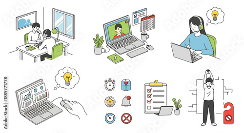 Home office setup with remote collaboration tools and personal organization elements for professional development and productivity