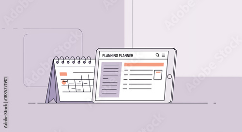 Digital Tablet Displays Planning Application Alongside Desktop Calendar for Time Management Organization and Scheduling Concepts