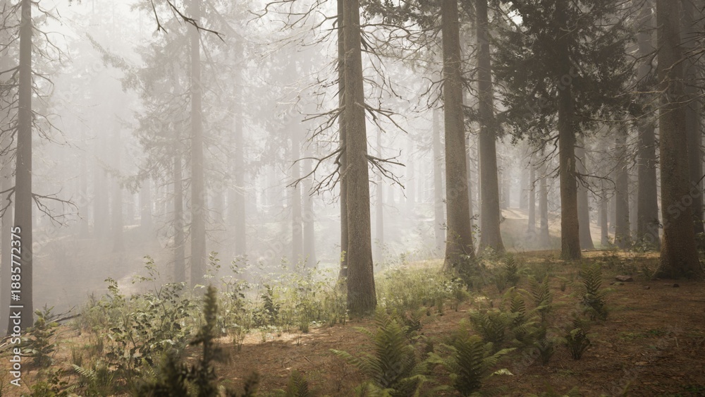Obraz premium Tall trees stand silently in a misty forest, their trunks surrounded by a soft haze. Ferns and underbrush peek through the fog, creating an enchanting atmosphere that invites exploration.