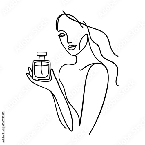 Dibujo sencillo con líneas de una mujer desnuda sujetando una botella de perfume en la mano