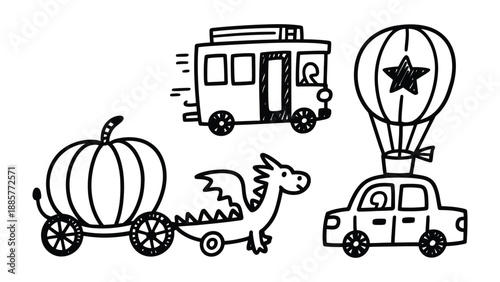 Whimsical Transportation Doodle: A playful sketch features a pumpkin carriage, a speedy bus, a dragon-pulled vehicle, and a balloon-topped car, creating a charming scene of imaginative transport.