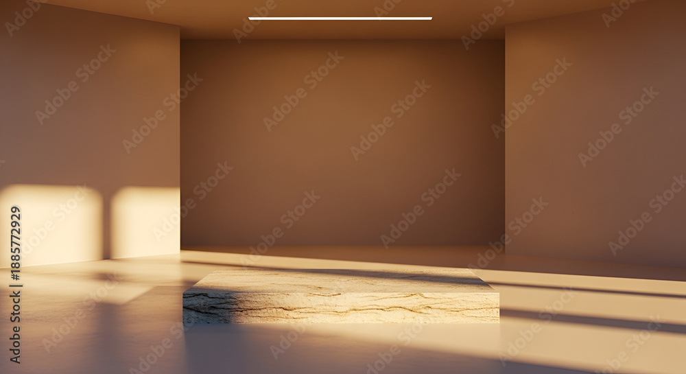 Fototapeta premium Minimalist Interior Product Mockup Template with Warm Sunlight and Shadow Play, Ideal for Modern Branding and Design Presentations