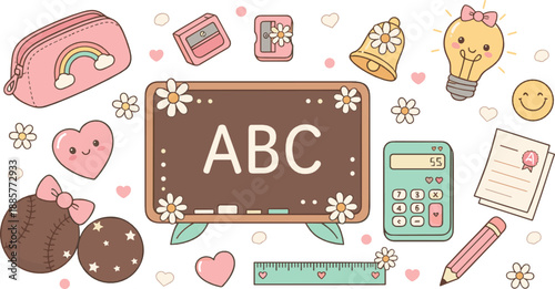 Cute school doodle illustration set with ABC board, stationery, calculator, pencil case, hearts, and playful education elements in pastel kawaii flat vector style