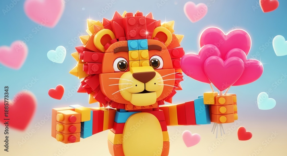 Fototapeta premium Lego lion holding heart balloons