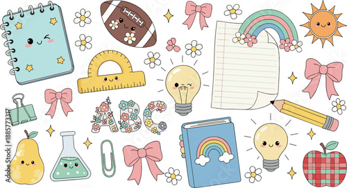 Cute school doodle illustration set with ABC letters, notebooks, stationery, light bulbs, rainbow, bows, and playful education elements in pastel flat vector style