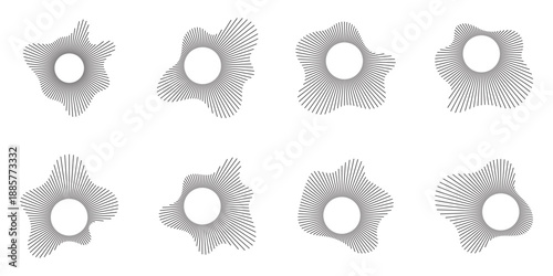 Circular sound waves. Abstract circular lines pattern. Music audio bursts. Ring of thin rays with wavy silhouette. Radial spectrum design. Geometric waveform vector illustration isolated on white.
