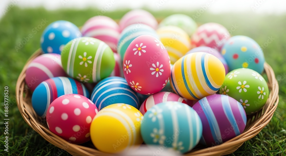 Fototapeta premium Colorful Easter eggs in a wicker basket