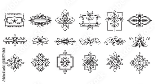 A collection of intricate black and white floral designs and patterns on a plain background