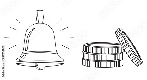 A black and white illustration of a ringing bell and a stack of coins.