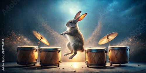 A whimsical bunny mid-leap, seemingly about to perform an impromptu drum solo on a gleaming, vintage drum set, surrounded by magical dust particles.