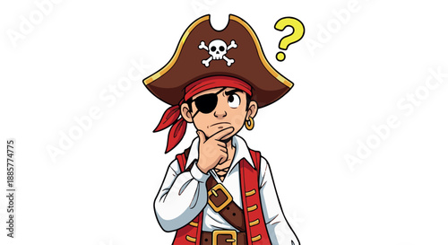 A cartoon pirate boy with a puzzled expression and a question mark above his head