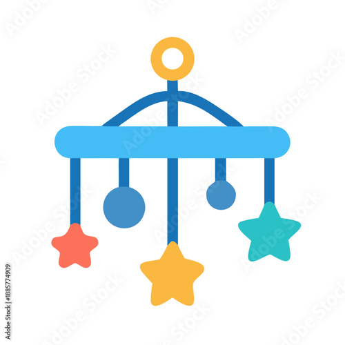 Baby mobile with stars and circles hanging from blue frame on black background