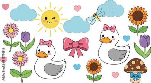 Cute duck and floral illustration set with smiling sun, clouds, bows, mushrooms, and spring garden elements for nursery decor in playful flat vector style
